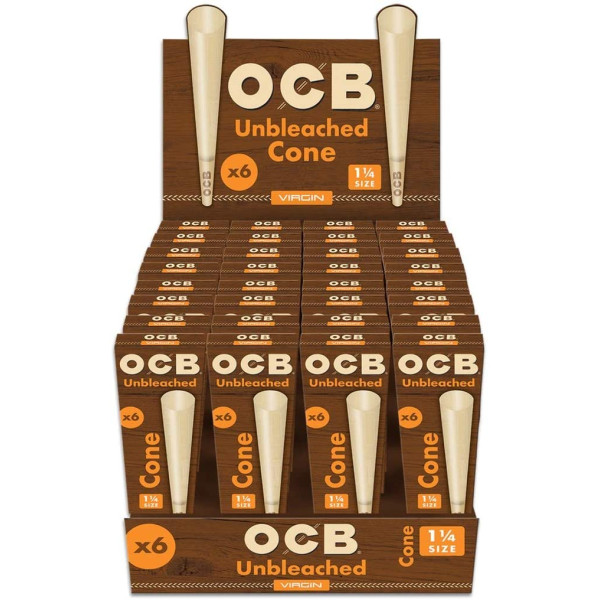 OCB-12013 OCB Virgin 1 1/4 Size Cone 6 Packs of 32 Unbleached Pre Rolled Rolling Papers with Tips ~ Includes American Rolling Club Tube