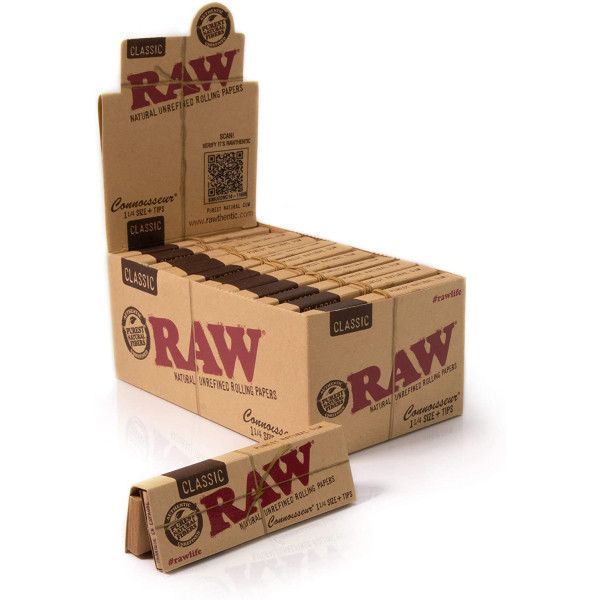 RAW-17611 RAW Classic Connoisseur 1¼ Rolling Paper w/Tips |24 Packs| 50 Papers and Tips Per Pack | Natural Unrefined Premium Paper