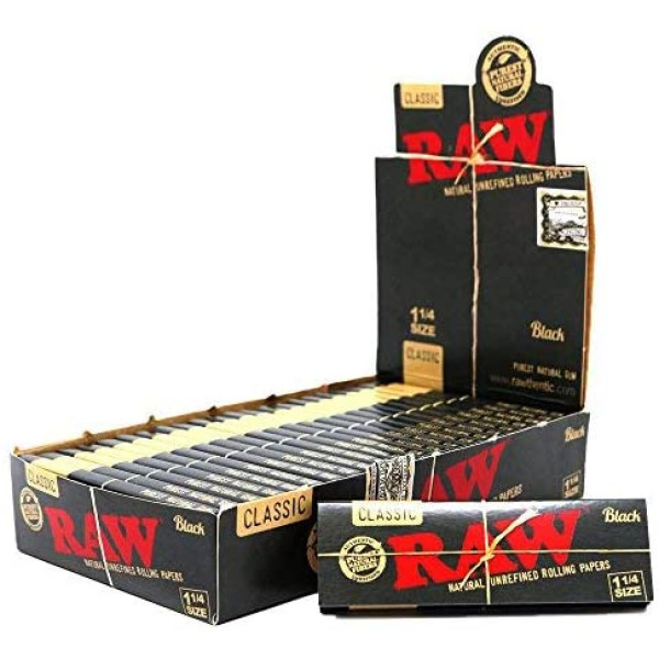RAW-25031 RAW Classic 1 1/4 Size Natural Unrefined Ultra Thin 79mm Rolling Papers, Black, 24 Count