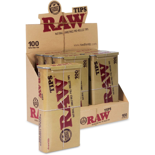 RAW-25068 RAW Slide-Top Tin with Tips - Full Box | 6 Tins - 100 Tips per Tin | Vegan-Friendly and Unbleached